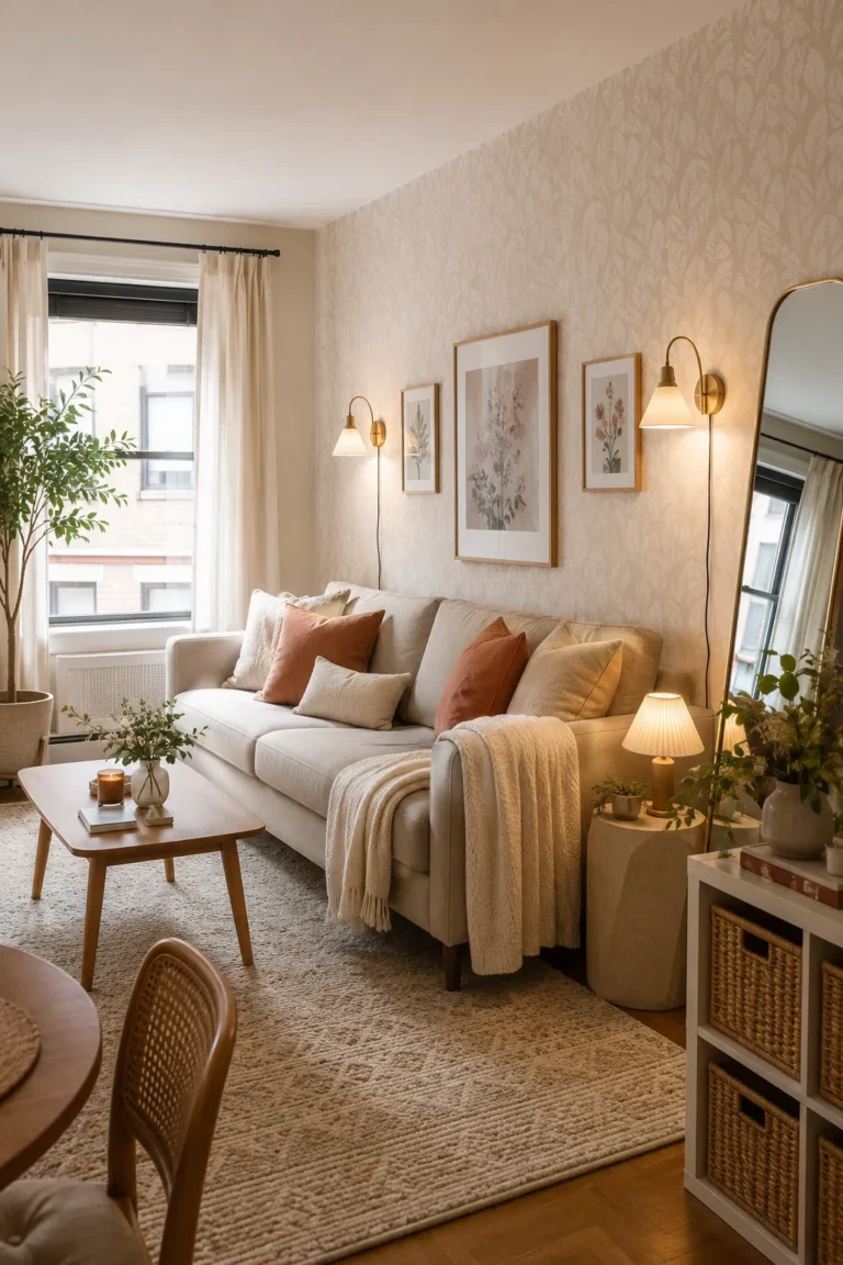 Cozy renter-friendly apartment living room with removable wallpaper, neutral sofa, floor mirror, plug-in sconces, and freestanding storage