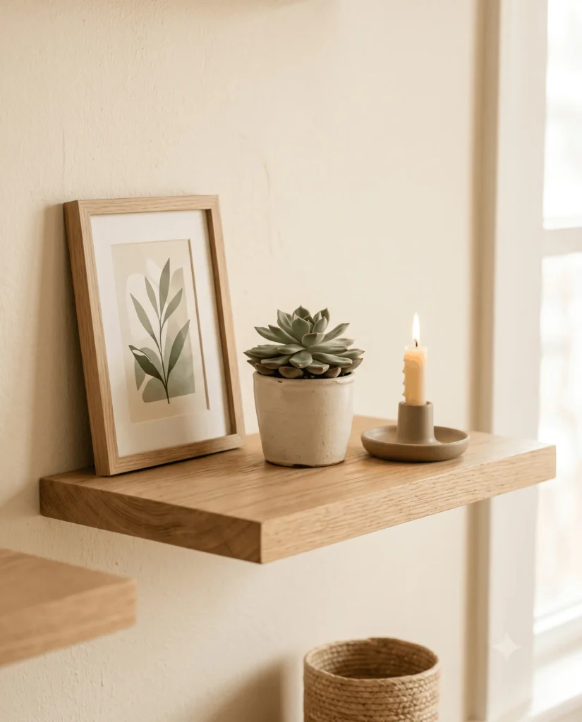 A light wood floating shelf holds a framed botanical print, a potted succulent plant, and a lit taper candle in a ceramic holder.