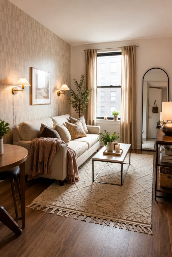 Renter-friendly home upgrades in a small apartment with tall curtains, layered lighting, a large mirror, and removable wall decor
