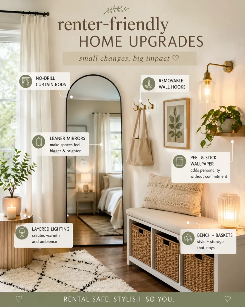 Renter-Friendly Home Upgrades: 19 Smart Ideas for Apartments 22 Renter-friendly apartment corner with arched mirror, no-drill curtains, layered lighting, wall hooks, and bench storage.