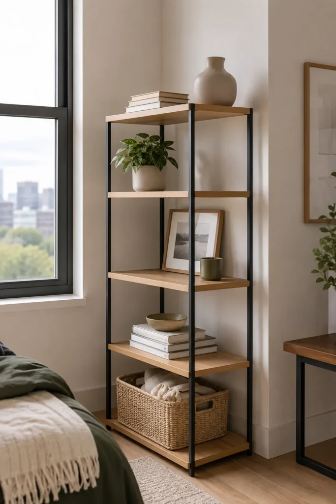 Slim open apartment shelf styled with stacked books, a small plant, framed art, ceramic decor, and a woven basket