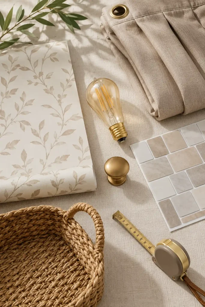 Renter-Friendly Home Upgrades: 19 Smart Ideas for Apartments 2 Renter-friendly apartment upgrade essentials including removable wallpaper, a warm light bulb, curtain panel, brass knob, peel-and-stick tiles, woven basket, and measuring tape