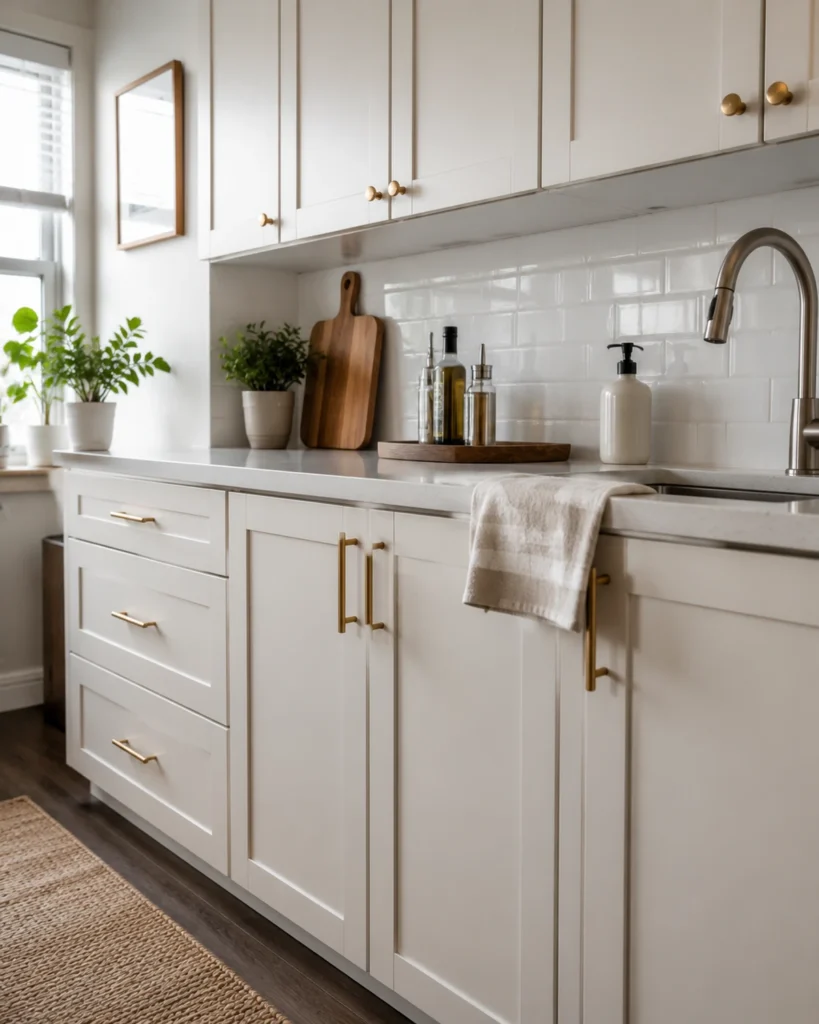 Renter-Friendly Decor: 23 Best Ideas That Won’t Damage Walls 24 Rental kitchen with upgraded reversible cabinet hardware, neutral cabinets, and simple stylish decor accents.