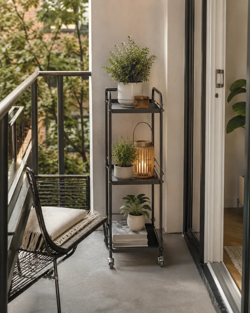Small apartment balcony with a slim rolling cart holding plants, a lantern, and neatly arranged accessories beside a compact chair