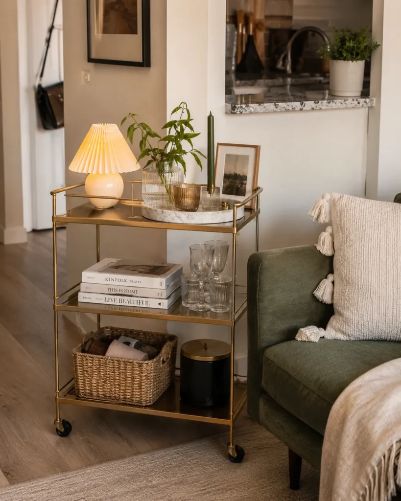 Renter-Friendly Decor: 23 Best Ideas That Won’t Damage Walls 16 Decorative rolling cart in a small rental apartment used for flexible storage, books, glassware, and cozy styling.