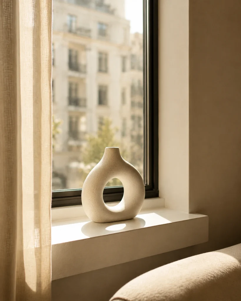 Sculptural ceramic object displayed on a modern apartment window sill in soft daylight