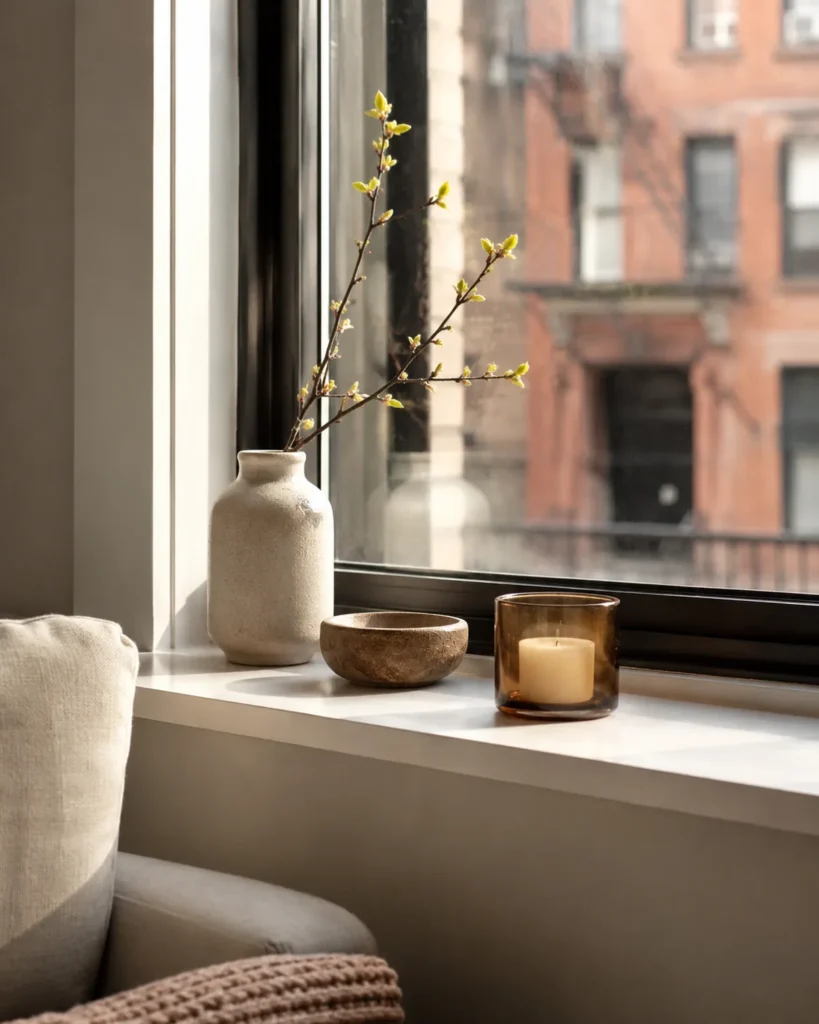 Neutral apartment window sill decor with a subtle seasonal budding branch, stone bowl, and candle