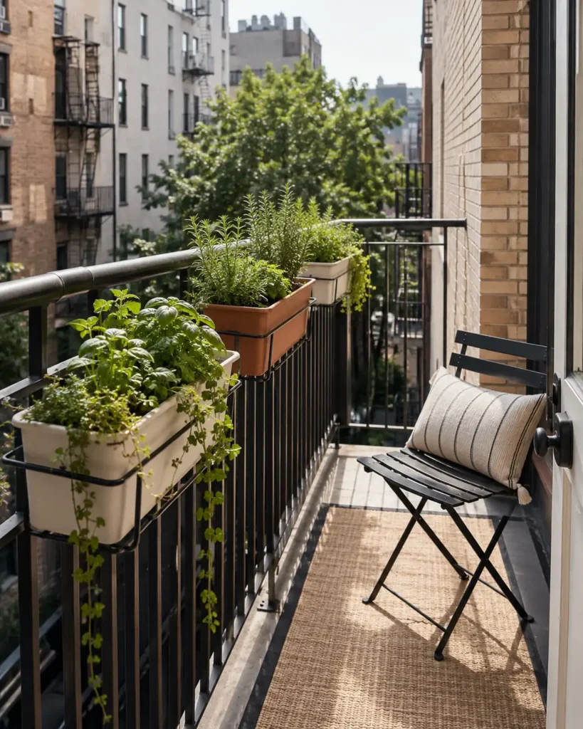 Narrow apartment balcony with securely mounted cream and terracotta railing planters, compact herbs, trailing greenery, and one slim chair