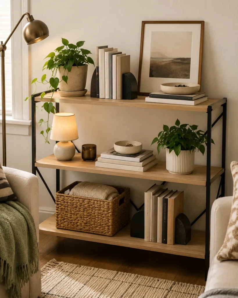 Small rental apartment shelf styled with books, woven basket, plants, leaning art, ceramic bowl, and open space