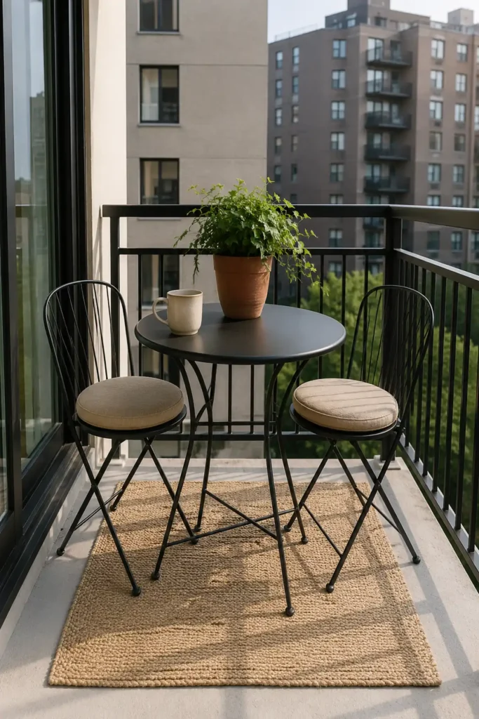 Slim black metal bistro set with a round table, chairs, planter, and rug on a small apartment balcony
