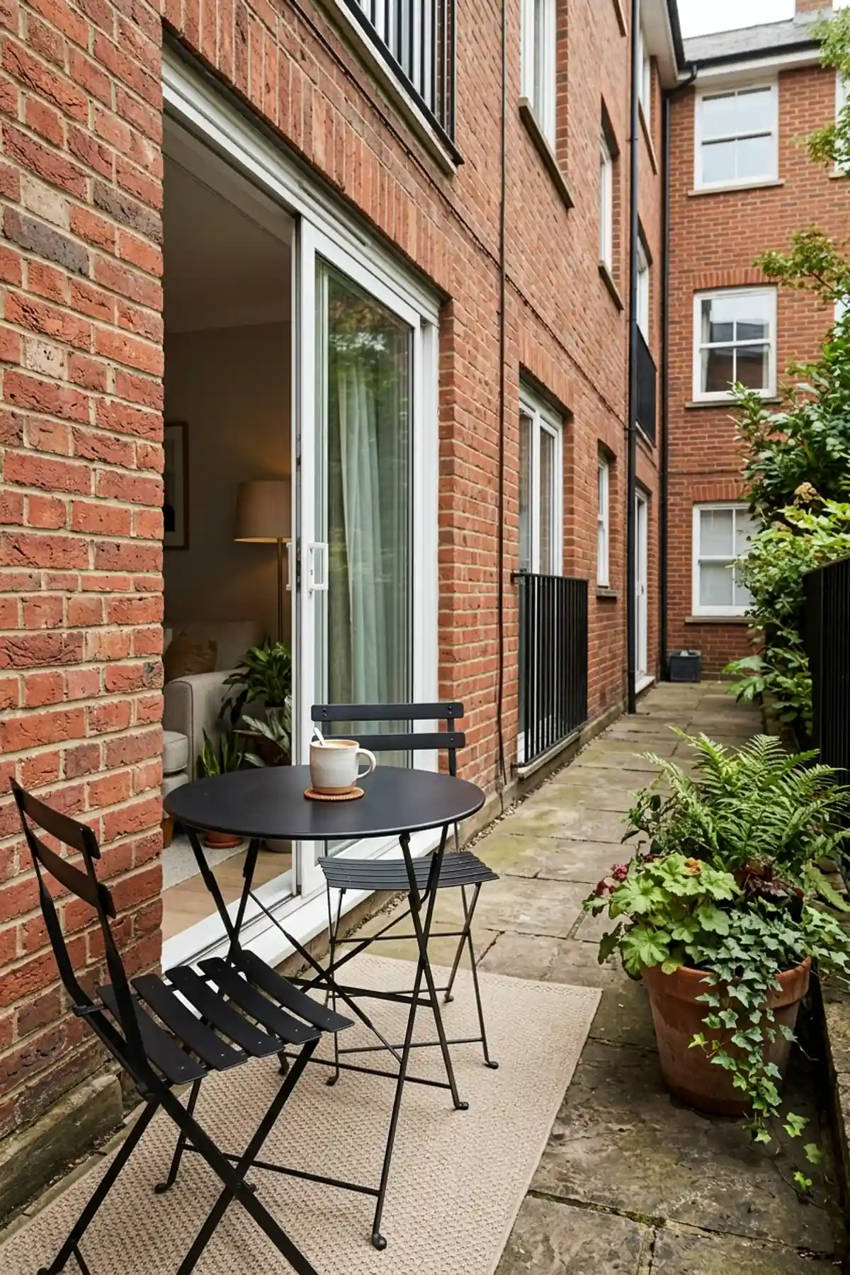 Slim bistro table and tuck-in chairs on a tiny ground-level apartment patio