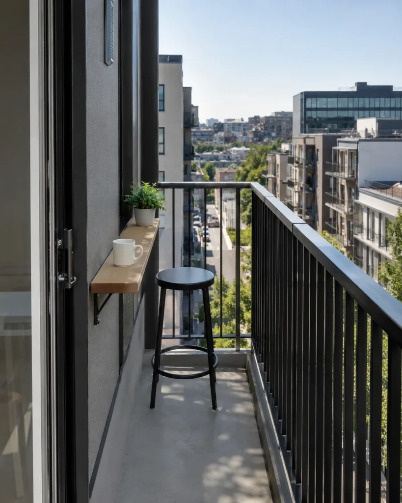 Very small apartment balcony with a slim wood coffee ledge, black stool, white mug, tiny plant, and clear walkway
