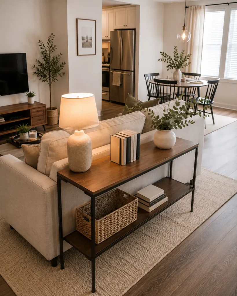 Renter-Friendly Home Upgrades: 19 Smart Ideas for Apartments 14 Open-plan apartment with a slim console table behind a neutral sofa, styled with a lamp, books, vase, and woven basket