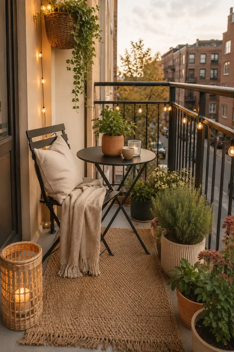 Small apartment balcony ideas with compact seating, warm lighting, plants, an outdoor rug, and open floor space