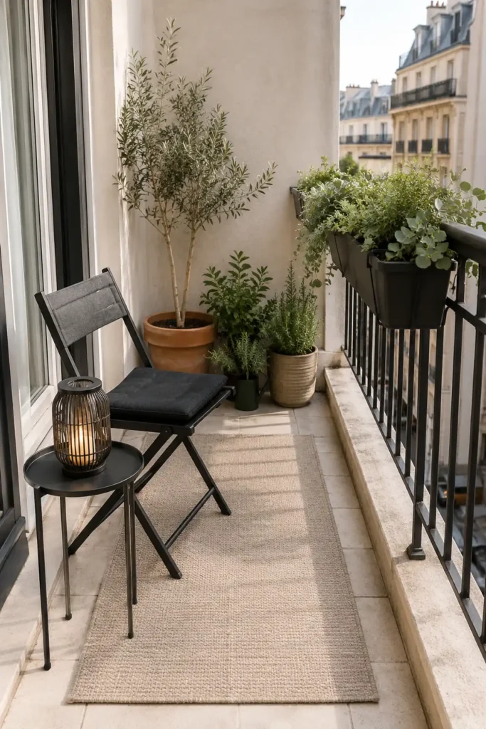 Small apartment balcony with a folding chair, slim side table, outdoor rug, rail planter, lantern, and grouped greenery