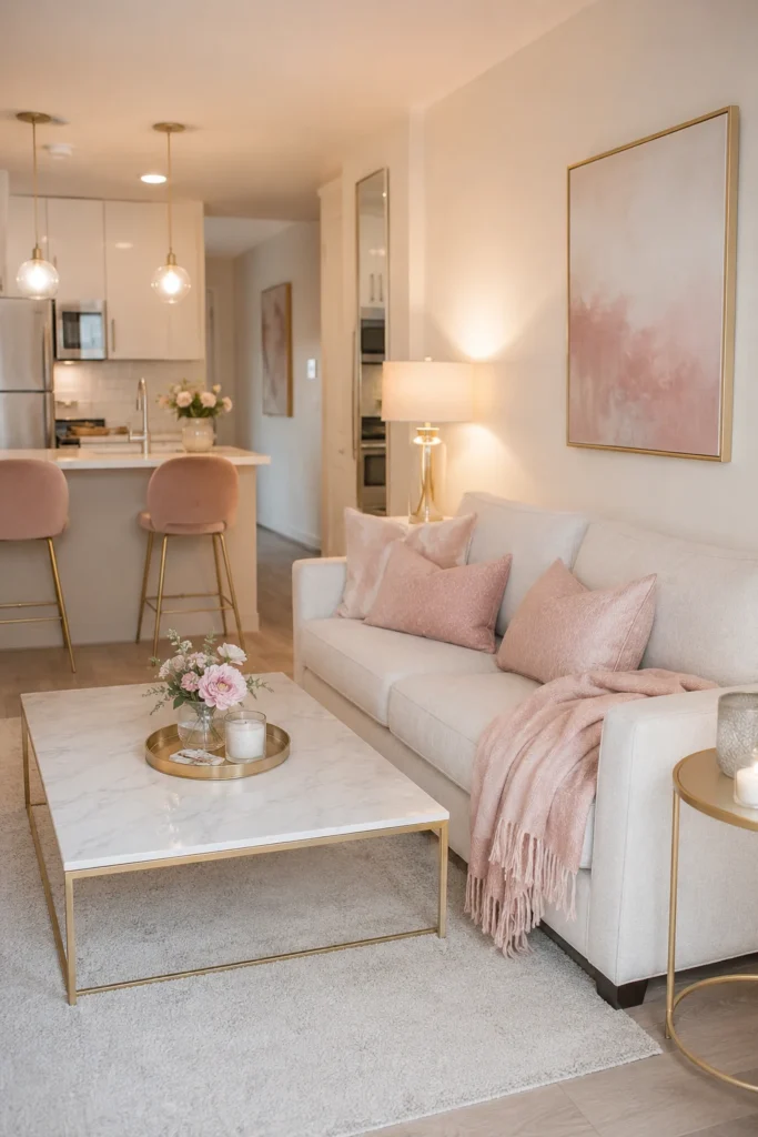 19 Girly Apartment Decor Ideas for a Stunning Cozy Aesthetic 3 Soft blush and ivory small apartment living room with gold accents