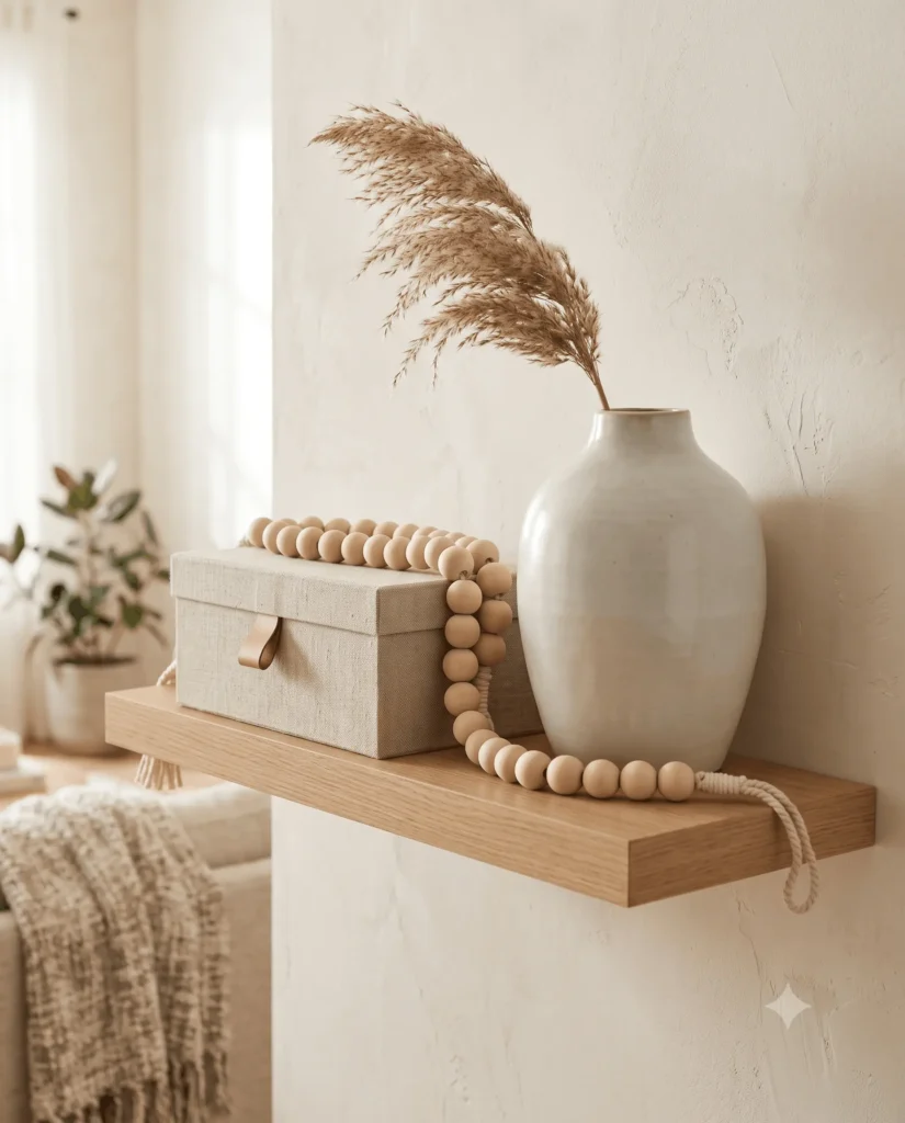 A light wood floating shelf featuring a linen storage box, a large white vase with pampas grass, and draped natural wooden beads against a textured beige wall.
