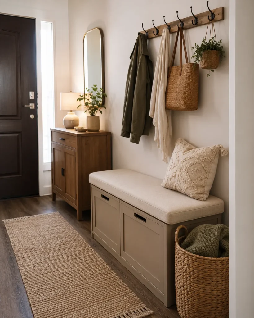 Renter-Friendly Home Upgrades: 19 Smart Ideas for Apartments 13 Small renter-friendly apartment entryway with an upholstered storage bench, wall hooks, woven basket, and slim neutral rug