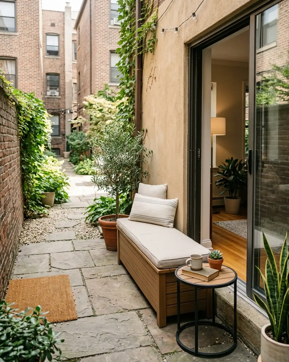 Slim outdoor storage bench with a neutral cushion on a tiny apartment patio