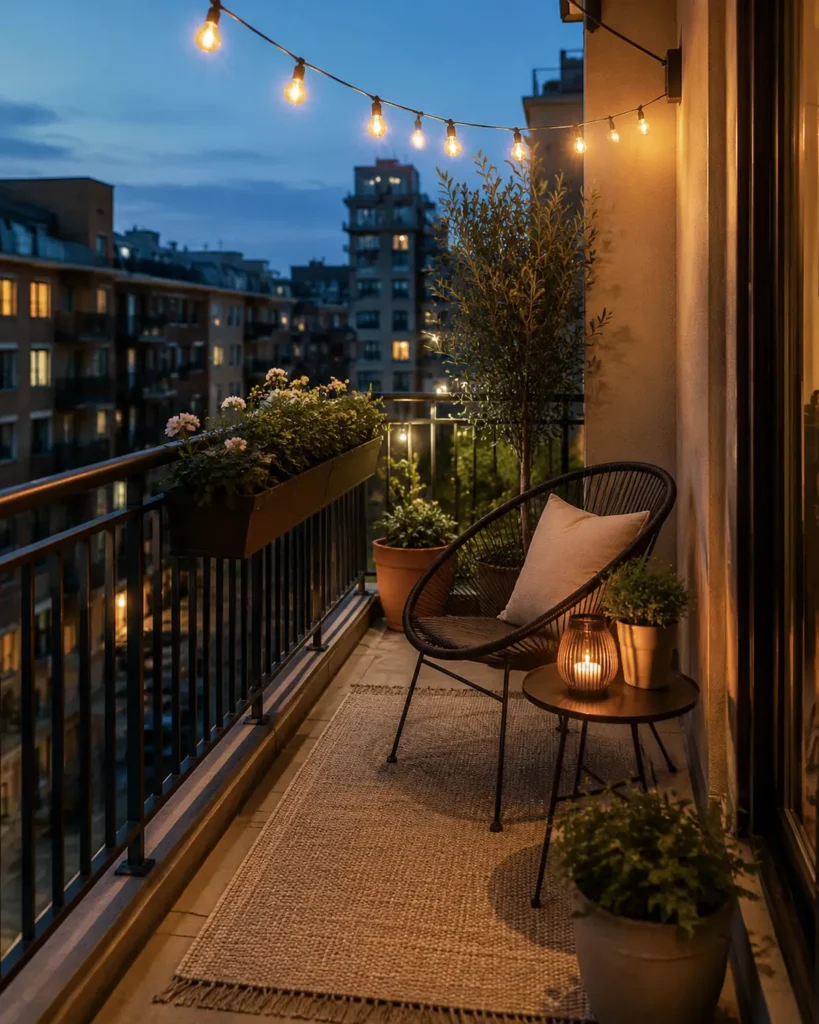 Small apartment balcony at dusk with warm string lights, compact seating, rug, plants, and a cozy urban view
