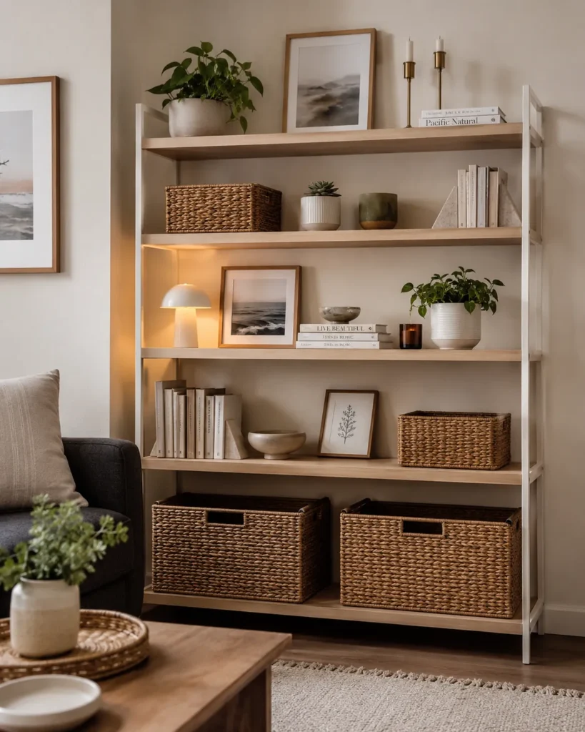 Renter-Friendly Decor: 23 Best Ideas That Won’t Damage Walls 13 Styled open shelves in a rental apartment with baskets, books, plants, ceramics, and framed art