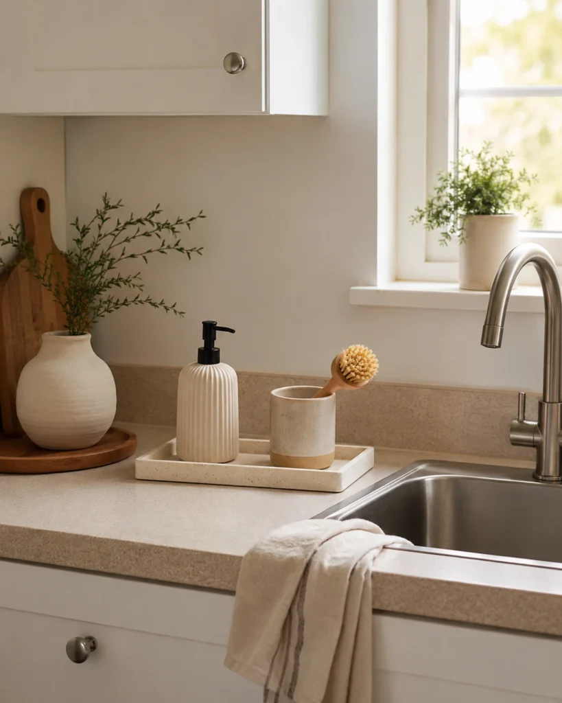 Renter-Friendly Home Upgrades: 19 Smart Ideas for Apartments 10 Rental kitchen sink area styled with a ceramic soap dispenser, dish brush holder, neutral tray, folded towel, and warm natural accents