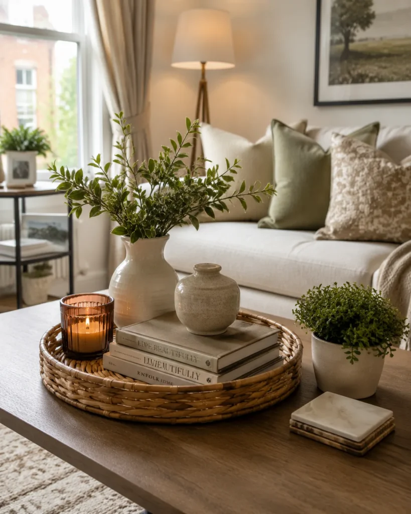 Renter-Friendly Decor: 23 Best Ideas That Won’t Damage Walls 22 Styled rental apartment coffee table with books, woven tray, candle, ceramic vase, and small plant decor.