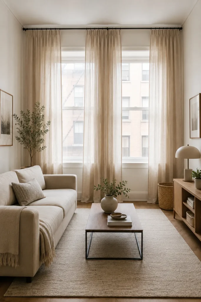 Renter-Friendly Home Upgrades: 19 Smart Ideas for Apartments 4 Small apartment living room with ceiling-height linen curtains, a low-profile sofa, a large neutral rug, and warm minimalist decor