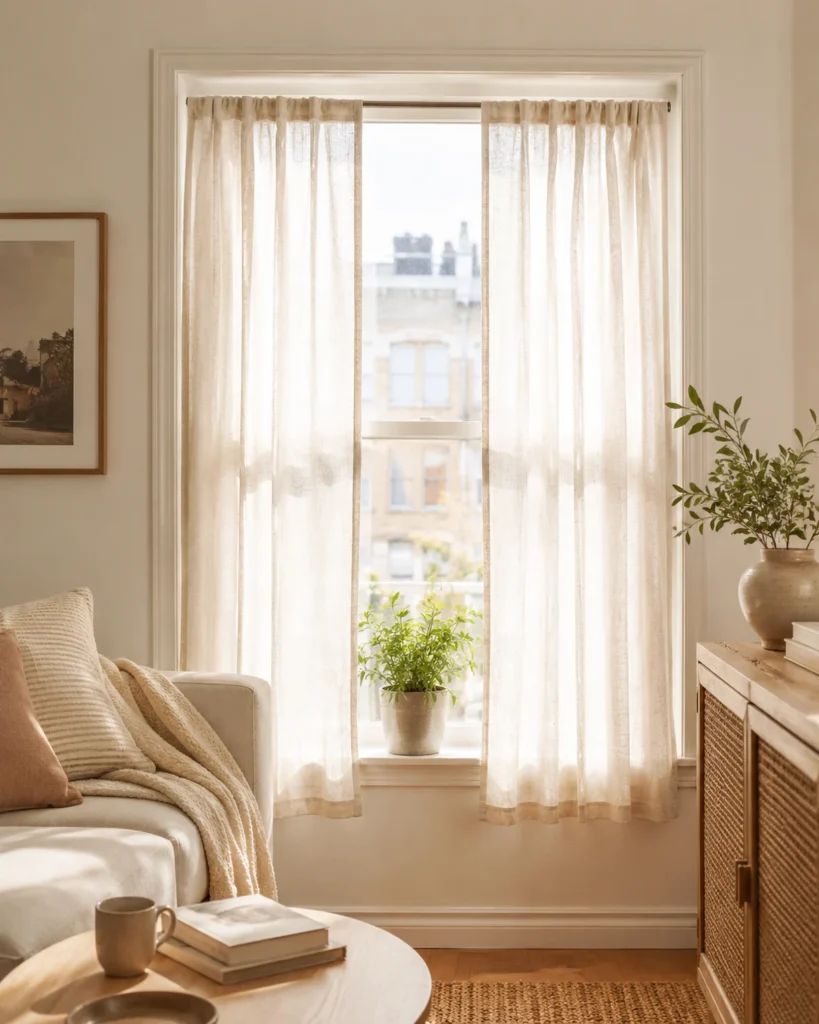 Renter-Friendly Decor: 23 Best Ideas That Won’t Damage Walls 6 Rental apartment window with soft linen curtains hung on a tension rod