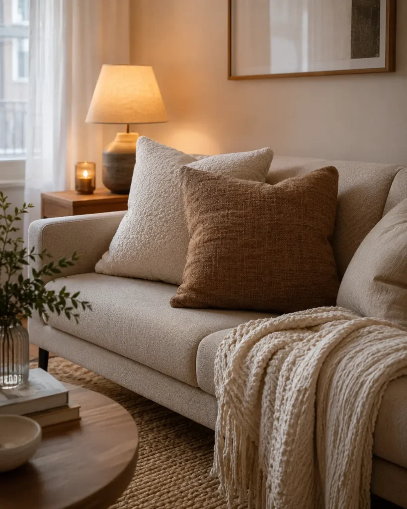 Renter-Friendly Home Upgrades: 19 Smart Ideas for Apartments 20 Cozy apartment sofa styled with textured neutral pillows, a soft knitted throw, warm lighting, and a natural woven rug