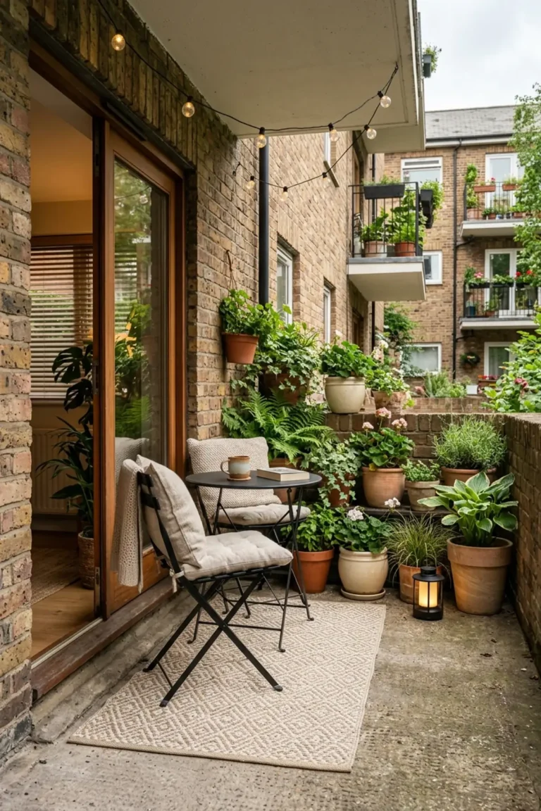 Tiny Apartment Patio Ideas: 15 Best Looks You'll Love 8 Tiny apartment patio ideas with compact seating, a neutral rug, grouped plants, and warm evening lighting