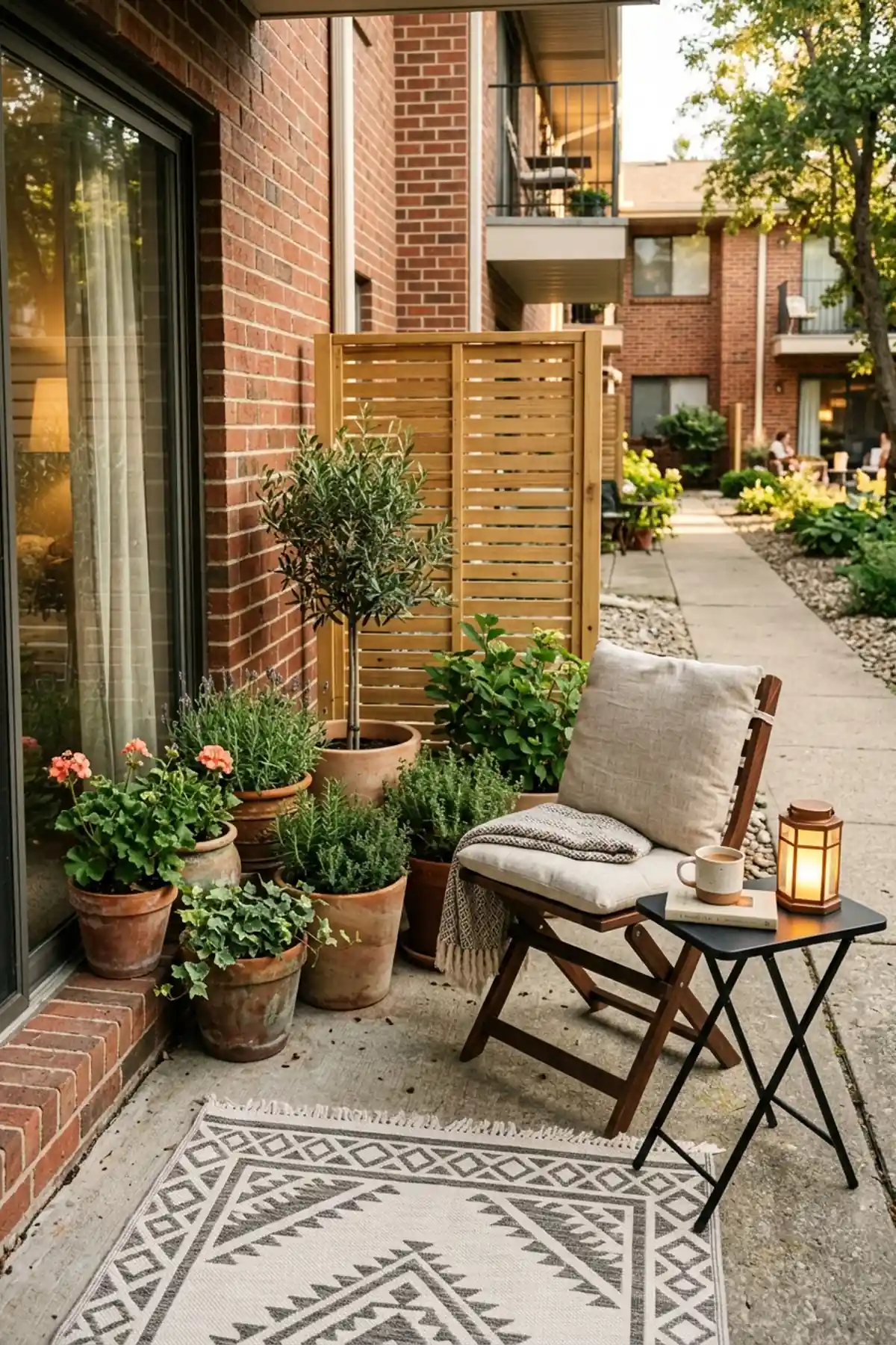 Compact apartment patio with a folding chair, rug, lantern, grouped plants, and a clear walkway