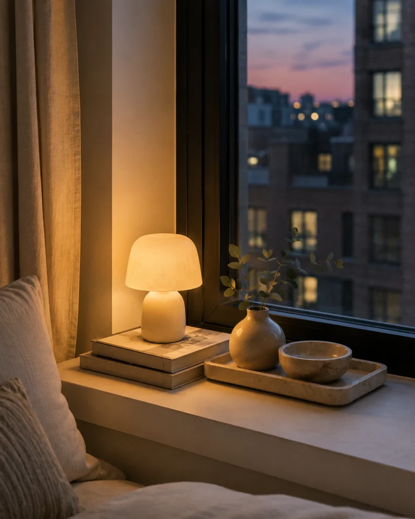 Small glowing lamp on a deep apartment window sill beside stacked books and a ceramic vase at dusk