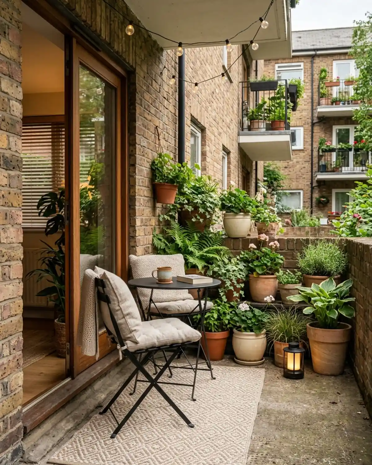 Balanced tiny apartment patio with seating, lighting, plants, privacy, and open space