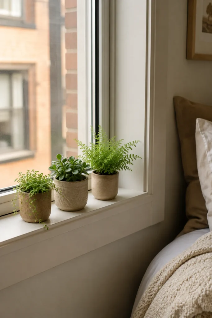 Three small neutral ceramic planters with green plants arranged on an apartment window sill