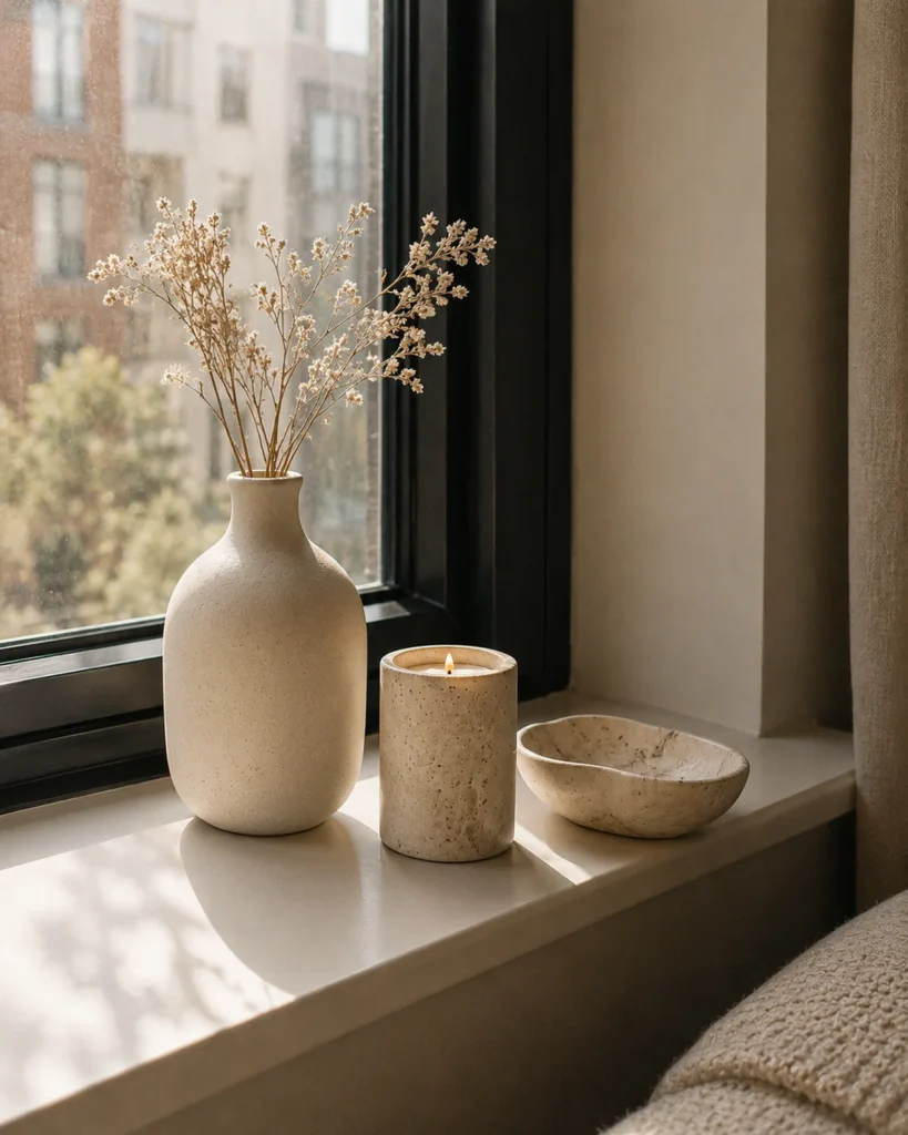 Beige ceramic vase, candle holder, and small stone bowl arranged on an apartment window sill