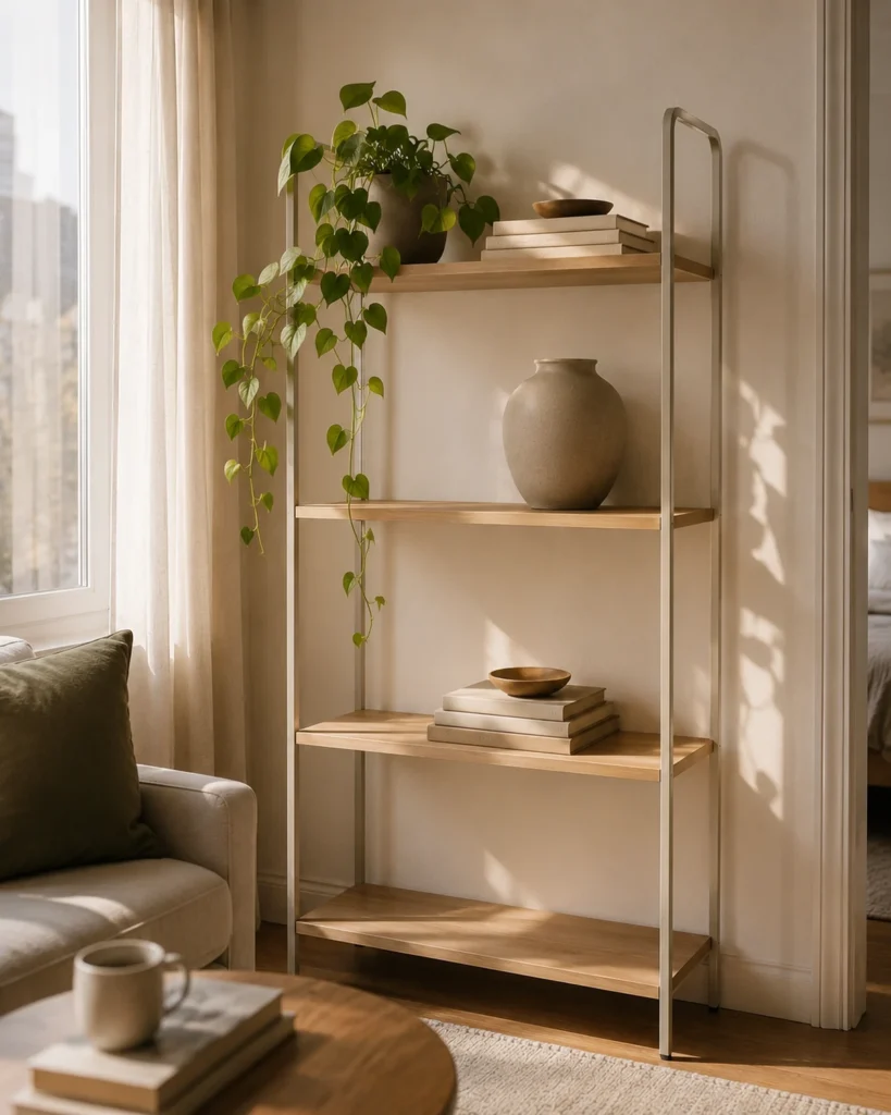 Pale oak rental shelf styled with a trailing pothos, neutral books, and a matte ceramic vase
