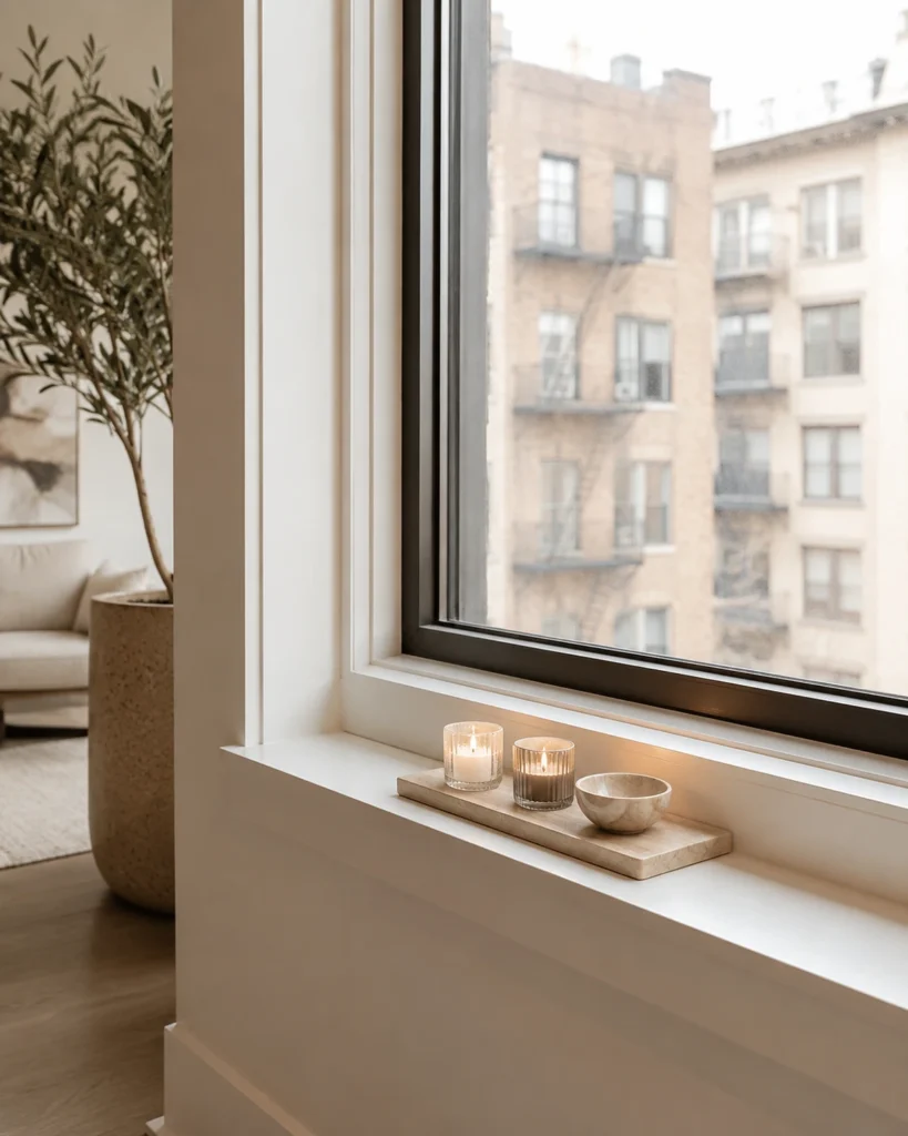 Small stone tray with two candles and a decorative bowl arranged on a wide apartment window sill