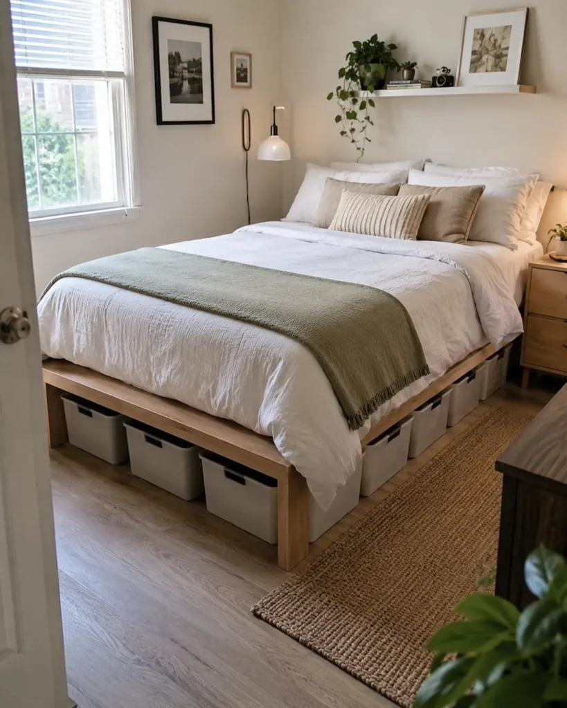 Renter-Friendly Home Upgrades: 19 Smart Ideas for Apartments 16 Small renter bedroom with matching storage bins organized beneath a simple platform bed with neutral linen bedding