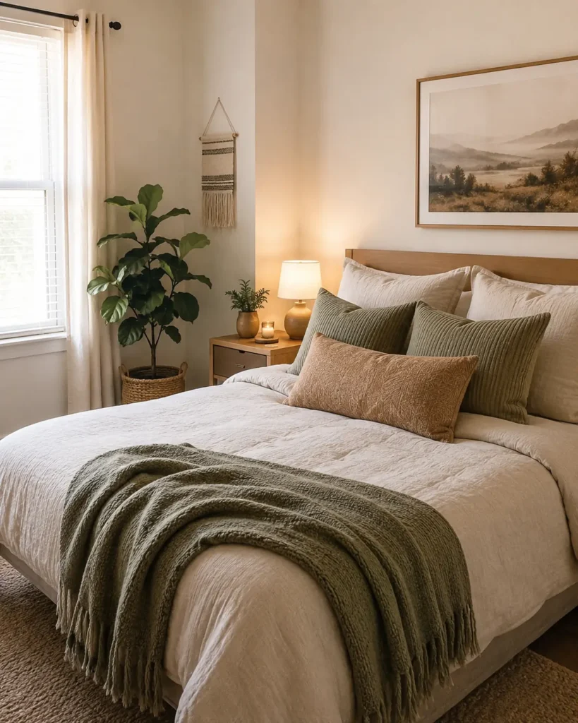 Renter-Friendly Decor: 23 Best Ideas That Won’t Damage Walls 21 Rental bedroom with upgraded bedding, layered pillows, and a textured throw in soft neutral tones