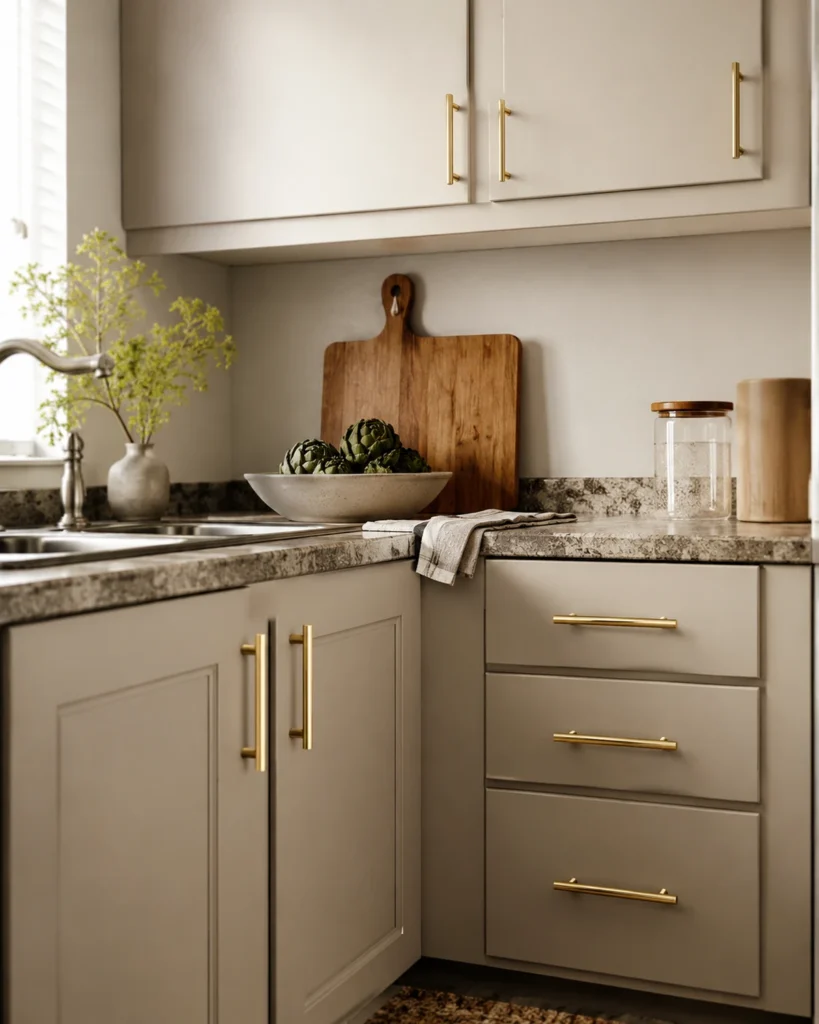 Renter-Friendly Home Upgrades: 19 Smart Ideas for Apartments 9 Neutral rental kitchen cabinets updated with modern brass pulls and a minimally styled countertop