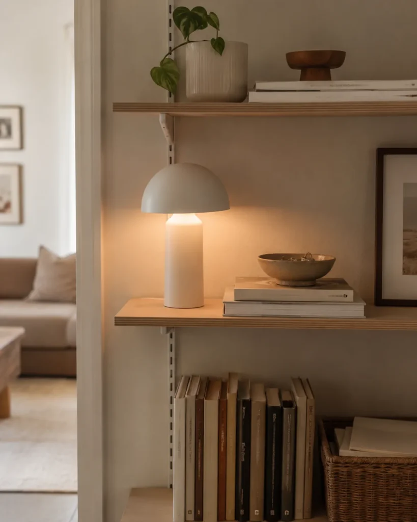 Small apartment shelf with a compact lamp, ceramic catchall bowl, stacked books, and simple neutral decor