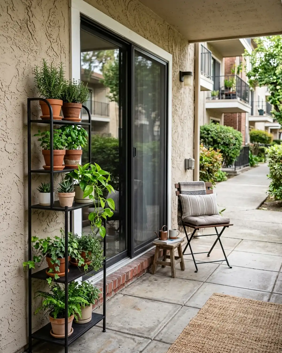 Slim vertical plant stand with coordinated pots on a tiny apartment patio