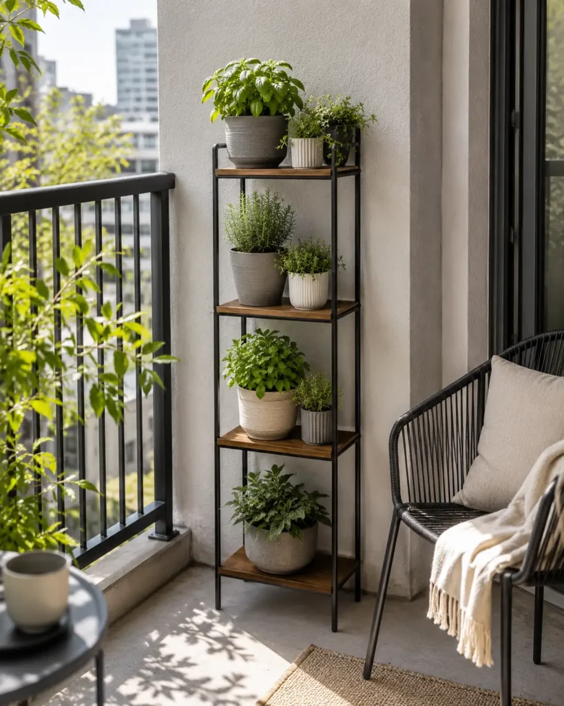 Slim vertical plant stand with herb and foliage pots on a small apartment balcony
