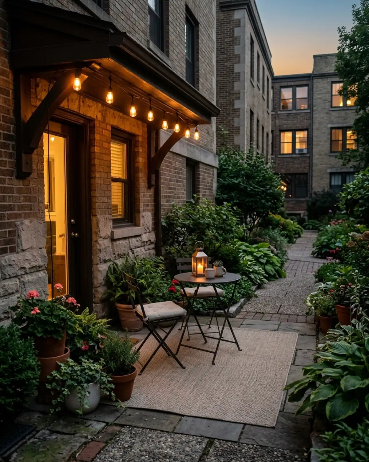 Tiny apartment patio with warm string lights, a lantern, and compact seating at dusk