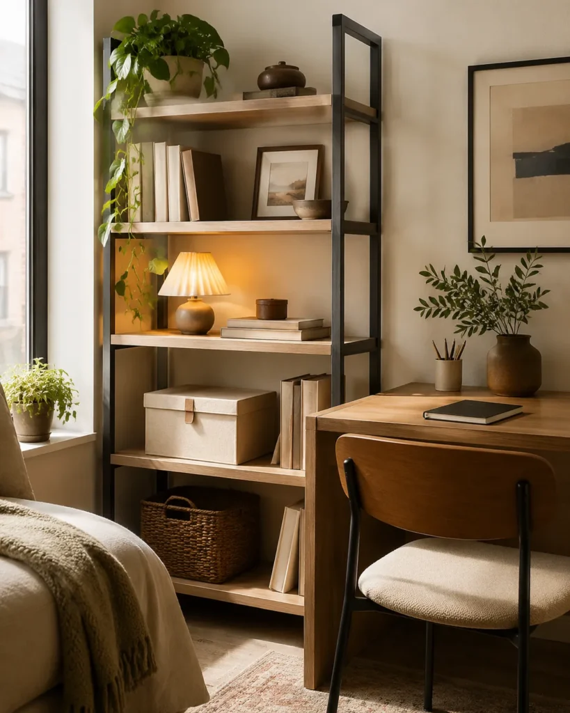Small apartment shelf styled beside a compact desk with books, a lamp, framed art, storage box, and plants