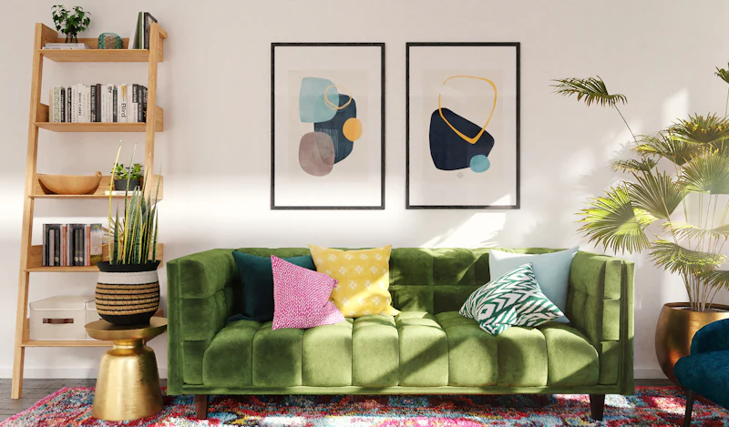 Work With Us & Media Kit | The Decor Nook Partnerships 4 Warm modern living room with green sofa and coordinated decorative accents