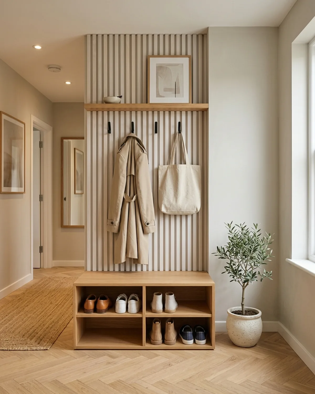 Compact apartment hall tree bench combining lower shoe cubbies with a tall vertical back panel and coat hooks