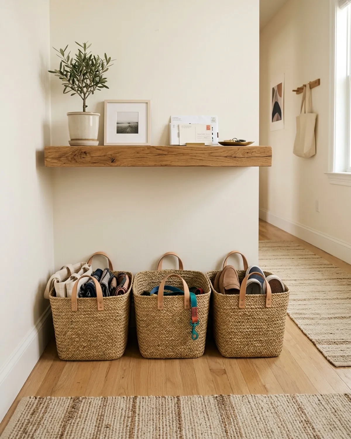 Trio of matching structured seagrass baskets tucked neatly beneath a floating shelf in small entrance hall ideas