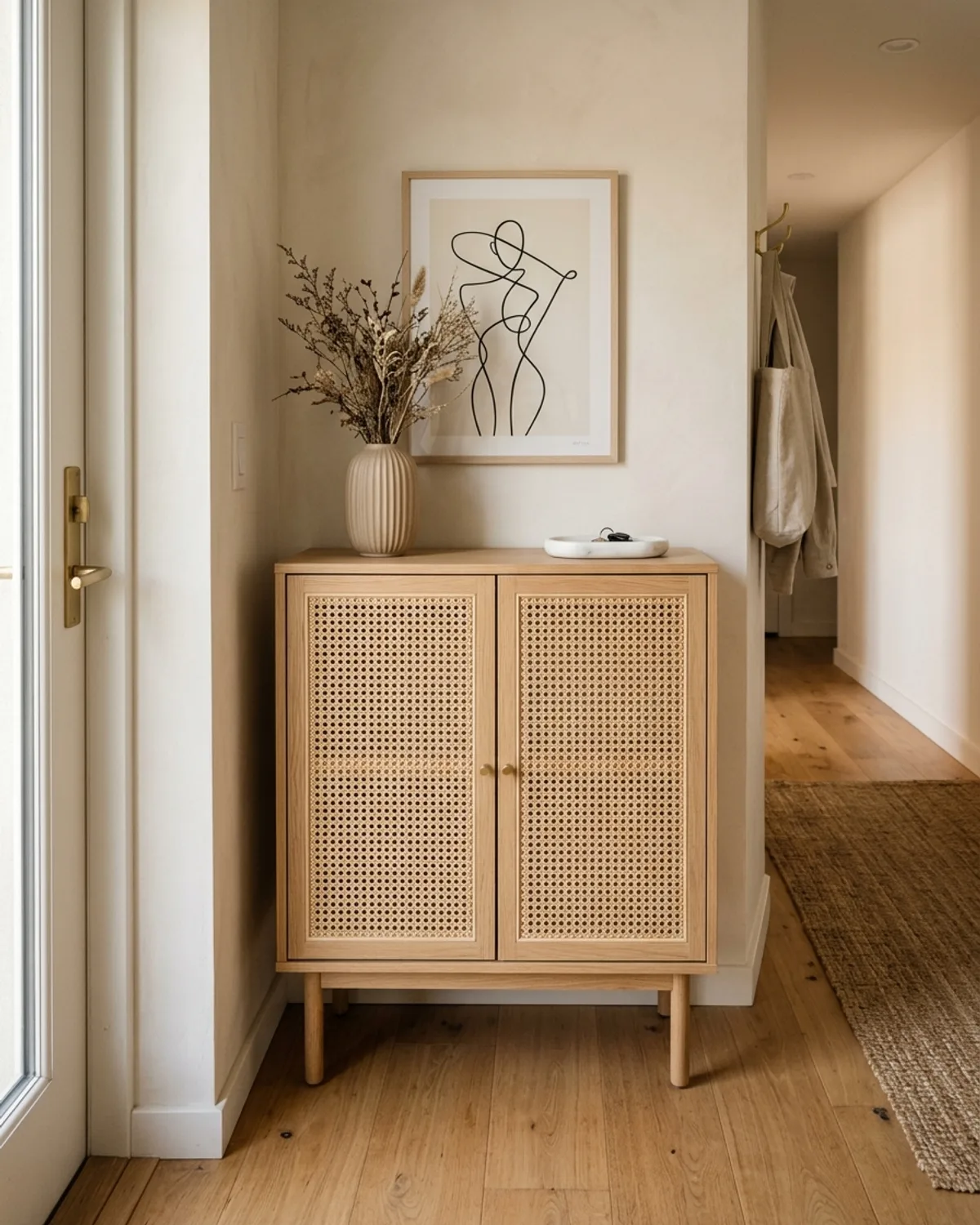 Compact wooden shoe cabinet with breathable woven rattan cane doors in a warm apartment entryway